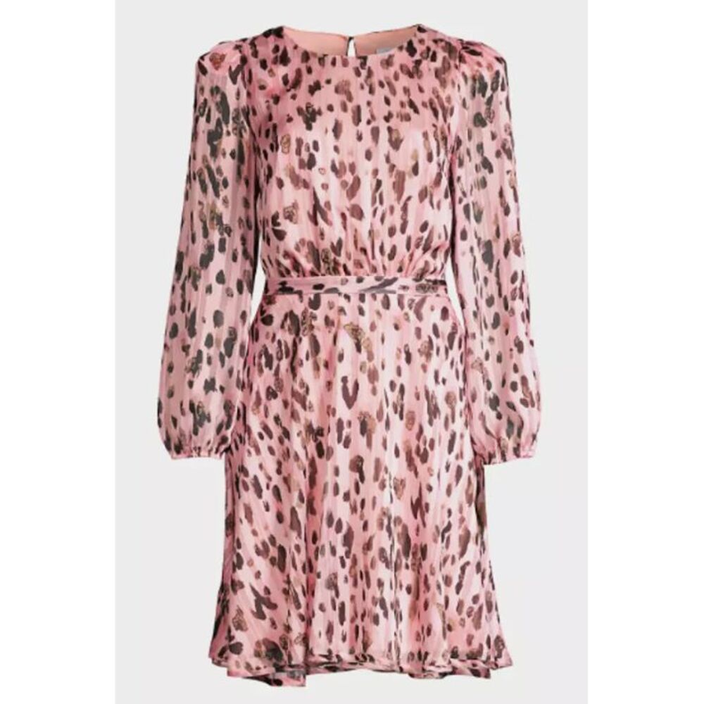 MILLY Women'sโ Size 6 Pink Leopard Metallic Shadow Stripe Long Sleeve Mini Dress